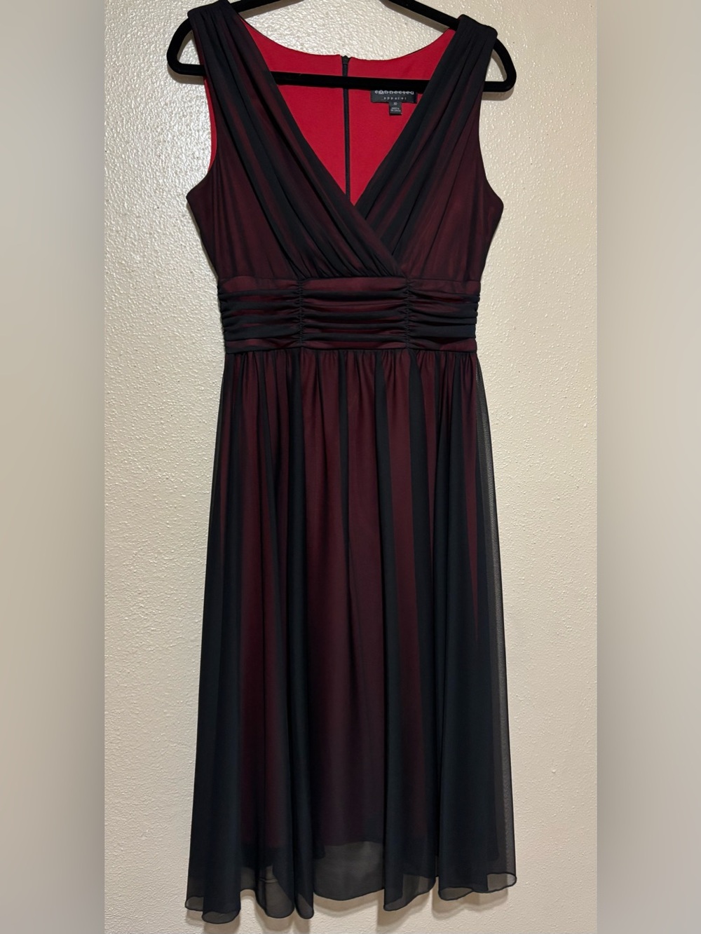 Black Chiffon Midi v-neck Dress with red lining